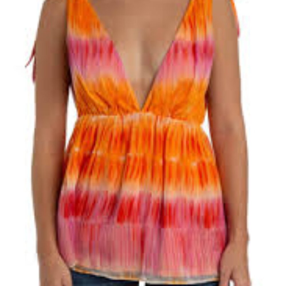 NWT Alice + Olivia Orange & Pink Silk Plunge Neck Tie-Up Detail Top